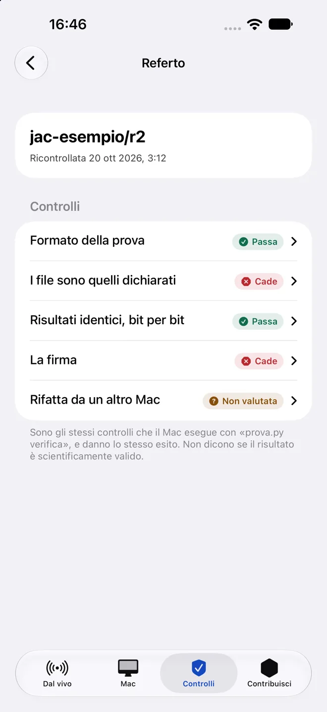 FoldEngine on iPhone: a report with its checks marked passes, fails and not evaluated.