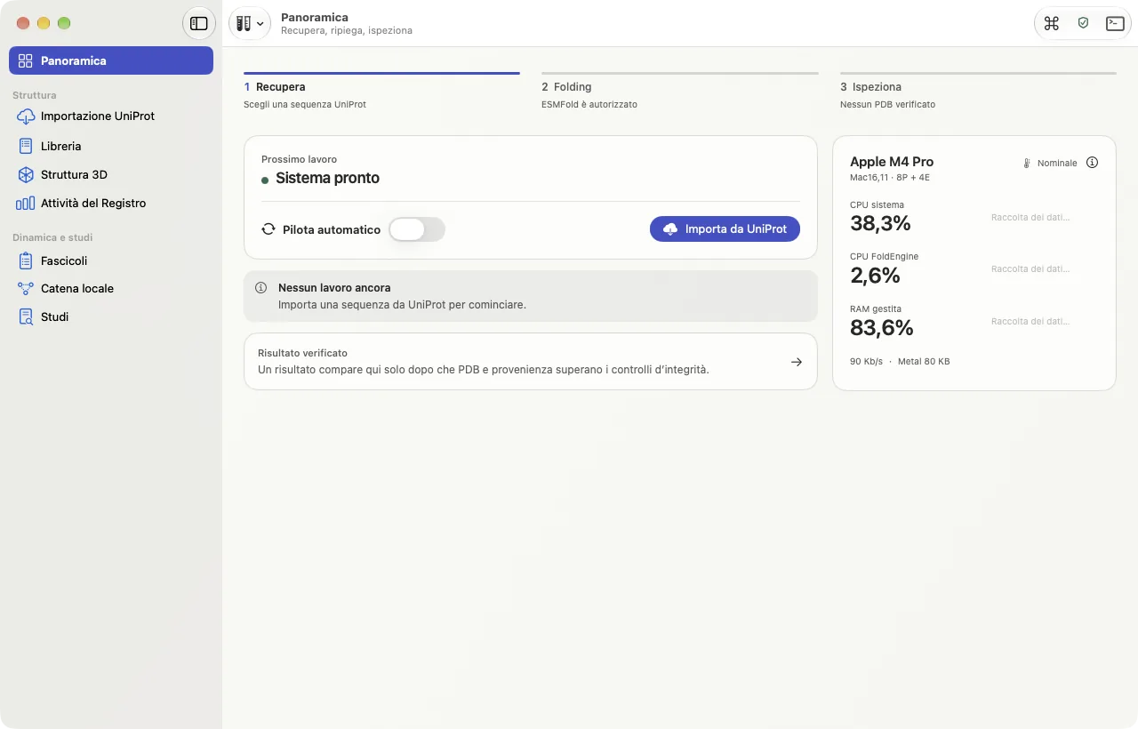 FoldEngine on the Mac: the overview window, light appearance, with the system marked as ready.